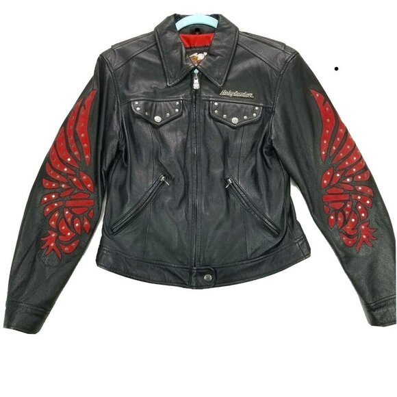Harley-Davidson Jackets & Blazers - Harley Davidson Women's Black/Red Leather Jacket EUC X Small​​​​​​​​​